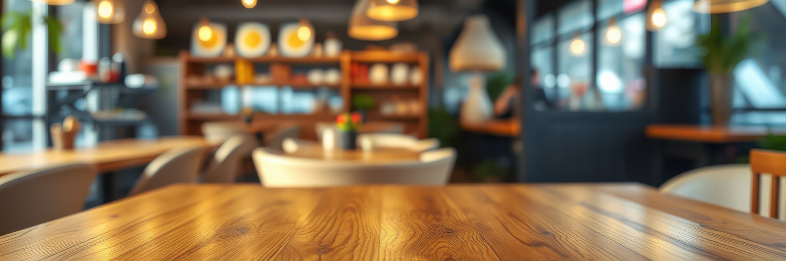 Cozy interior of a modern cafe with wooden tables and warm lighting creates an inviting atmosphere for relaxation and socializing